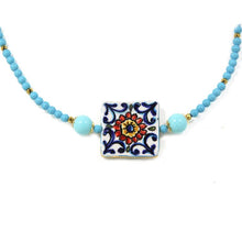 Load image into Gallery viewer, Necklace with red flower tiles with turquoise