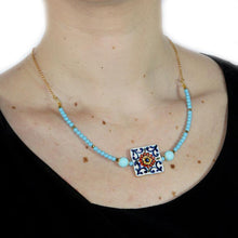 Load image into Gallery viewer, Necklace with red flower tiles with turquoise
