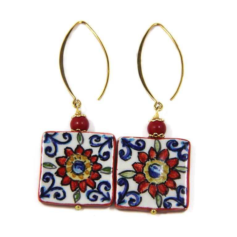 EARRINGS CALTAGIRONE TILE WITH CORAL