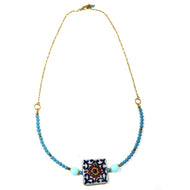 Necklace with red flower tiles with turquoise