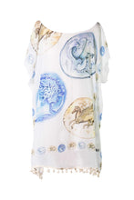 Load image into Gallery viewer, KAFTAN FOR WOMAN WITH GREEK COINS (WHITE) IN CHIFFON SILK WITH ARTISTIC PRINTS THAT COME FROM PAINTINGS.
