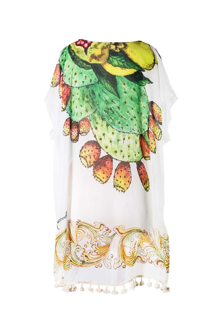 KAFTAN FOR WOMAN WITH PRICKLY PEARS (WHITE) IN CHIFFON SILK WITH ARTISTIC PRINTS THAT COME FROM PAINTINGS.
