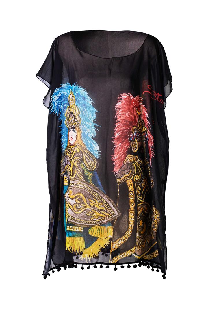 KAFTAN FOR WOMAN WITH SICILIAN PUPPETS (BLACK) IN CHIFFON SILK WITH ARTISTIC PRINTS THAT COME FROM PAINTINGS.