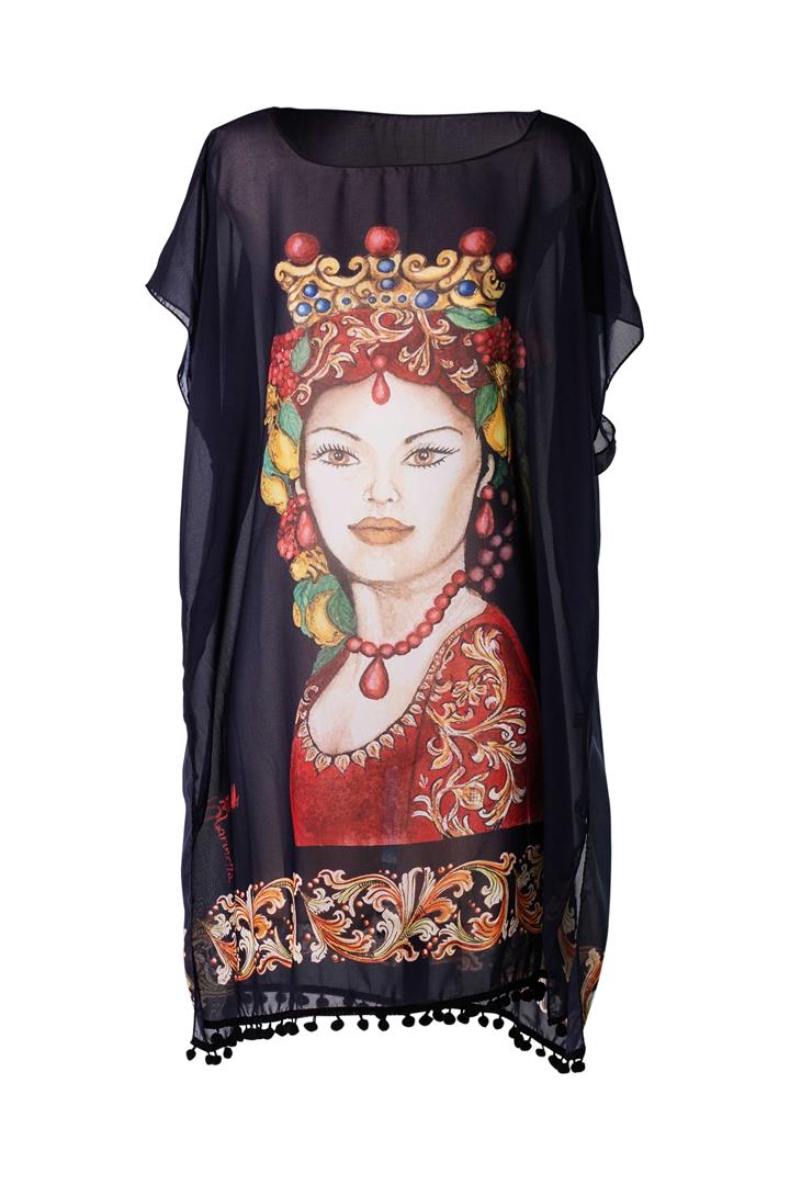 KAFTAN FOR WOMAN WITH KING&QUEEN (NAVY BLUE) IN CHIFFON SILK WITH ARTISTIC PRINTS THAT COME FROM PAINTINGS.