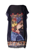 Load image into Gallery viewer, KAFTAN FOR WOMAN WITH KING&amp;QUEEN (NAVY BLUE) IN CHIFFON SILK WITH ARTISTIC PRINTS THAT COME FROM PAINTINGS.
