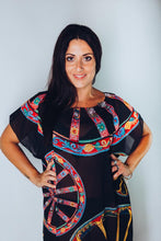 Load image into Gallery viewer, KAFTAN FOR WOMAN WITH SICILIAN WHEEL (BLACK) IN CHIFFON SILK WITH ARTISTIC PRINTS THAT COME FROM PAINTINGS.
