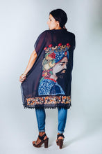 Load image into Gallery viewer, KAFTAN FOR WOMAN WITH KING&amp;QUEEN (NAVY BLUE) IN CHIFFON SILK WITH ARTISTIC PRINTS THAT COME FROM PAINTINGS.
