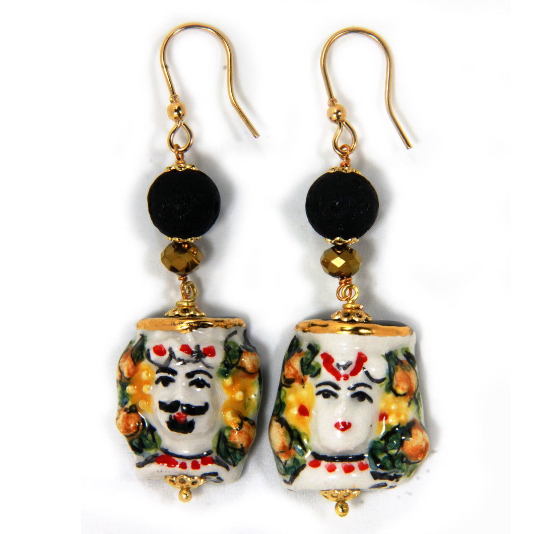 CALTAGIRONE'S HEAD SHAPED CERAMIC EARRINGS WITH HAND PAINTED CERAMIC. MADE IN ITALY.