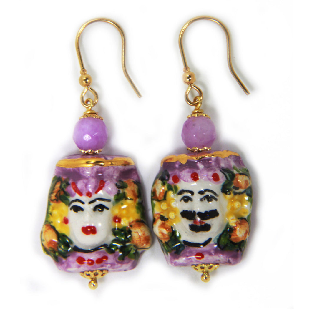 CALTAGIRONE'S HEAD SHAPED CERAMIC EARRINGS WITH HAND PAINTED CERAMIC. MADE IN ITALY.