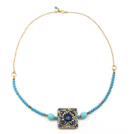 Necklace blue flower tile with turquoise