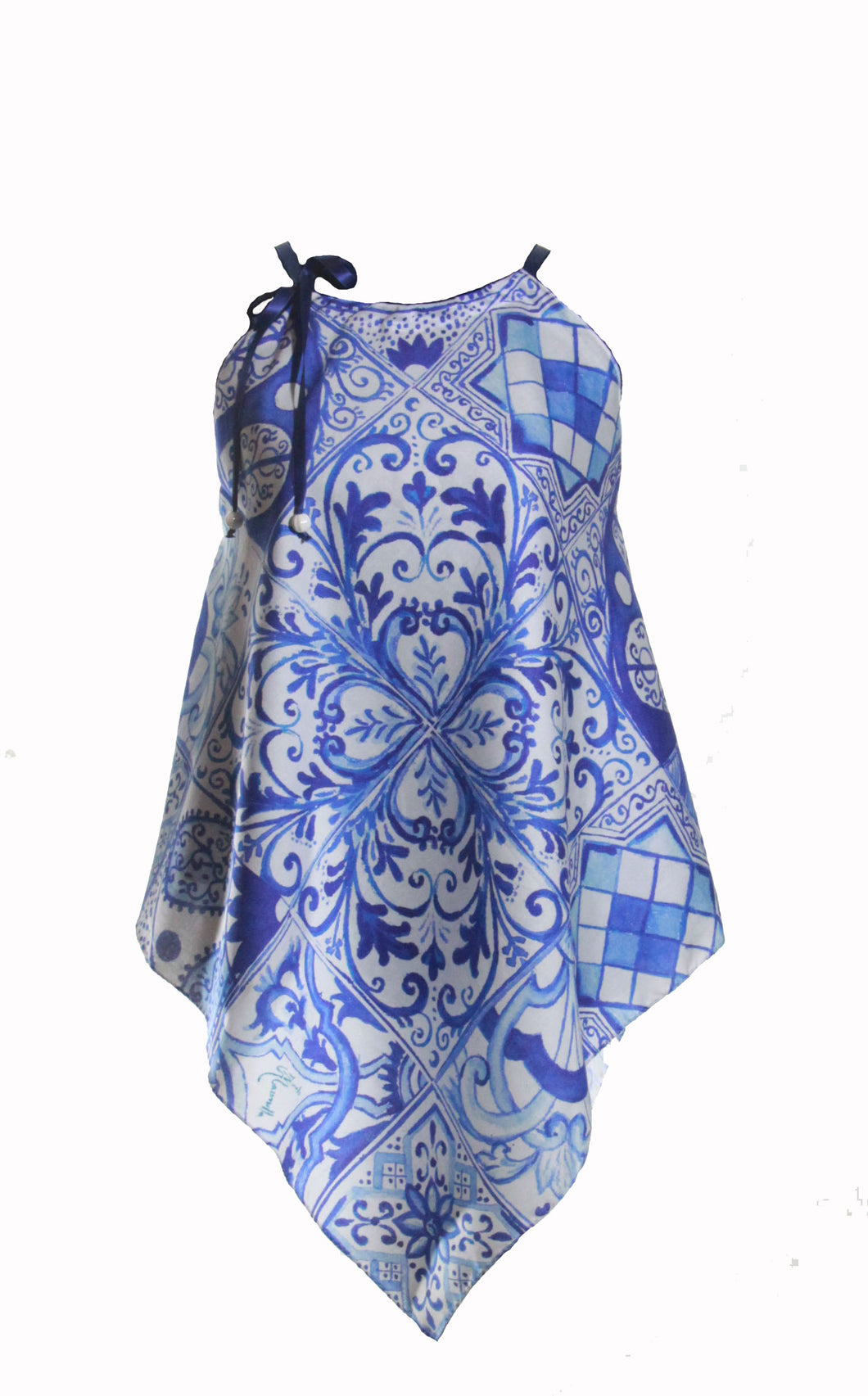 TOP FOR WOMAN WITH BLUE TILES IN 100% COTTON SATIN WITH ARTISTIC PRINTS THAT COME FROM PAINTINGS