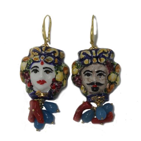 WOMAN EARRINGS WITH CALTAGIRONE HEAD. HAND PAINTED CERAMIC JEWELRY.
