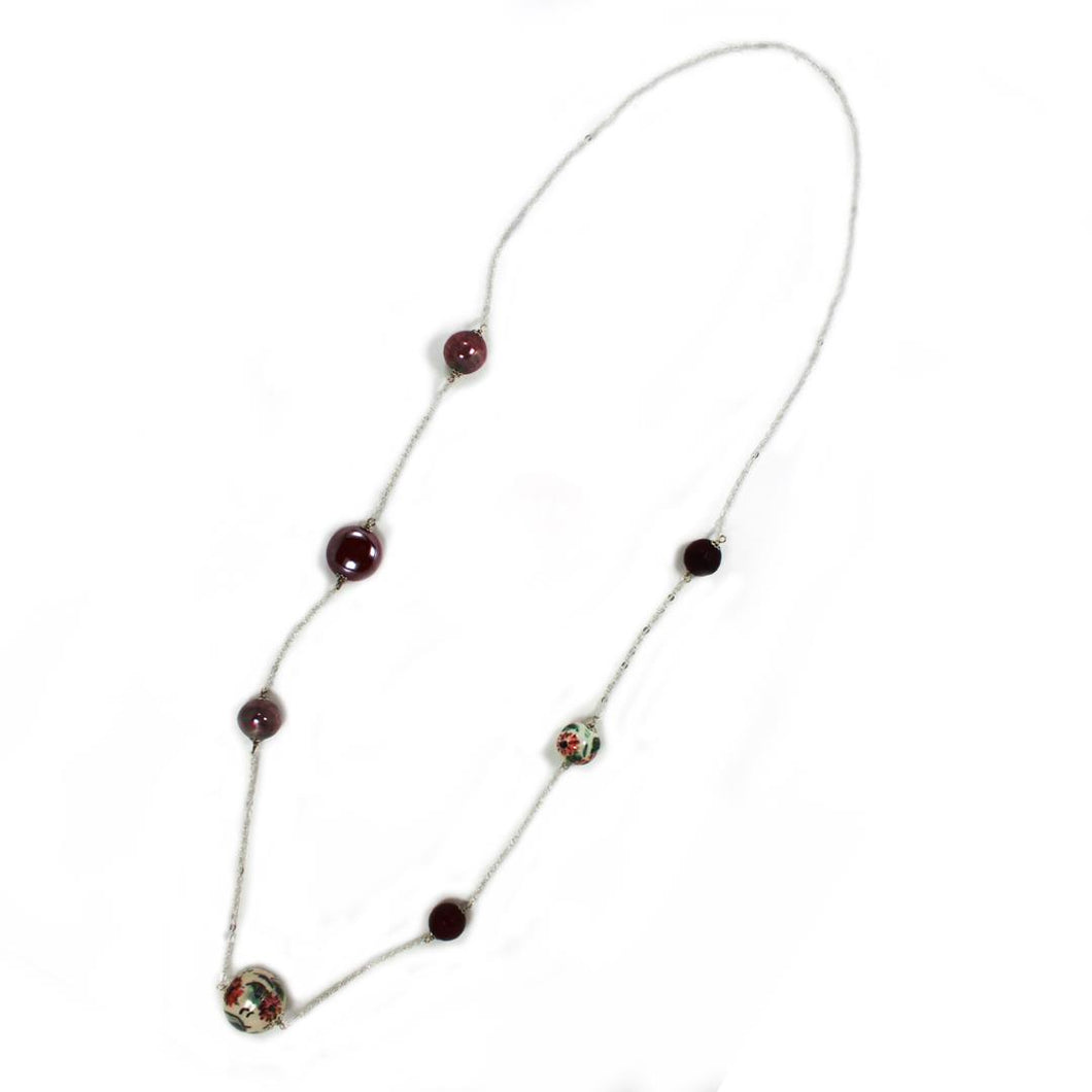 Long steel necklace with ceramic and semi-precious stones