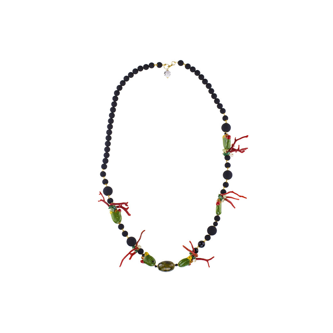 LONG PRICKLY PEAR NECKLACE WITH CORAL AND LAVA FROM ETNA