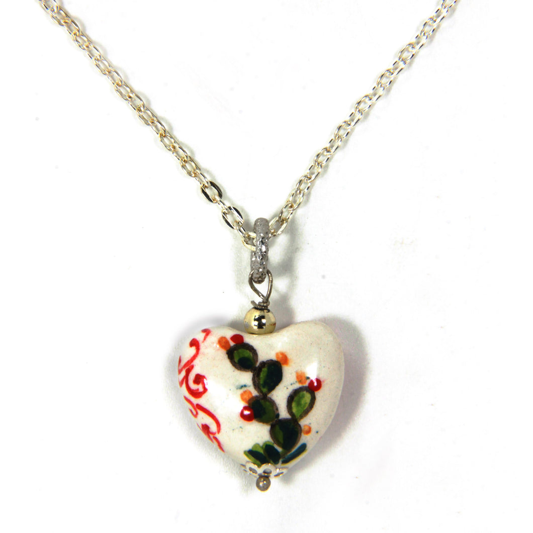 Hand-painted ceramic heart-shaped pendant (prickly pears)