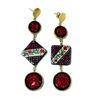 DOUBLE TILE EARRINGS WITH RED AND BLACK FLOWERS