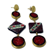 Load image into Gallery viewer, DOUBLE TILE EARRINGS WITH RED AND BLACK FLOWERS
