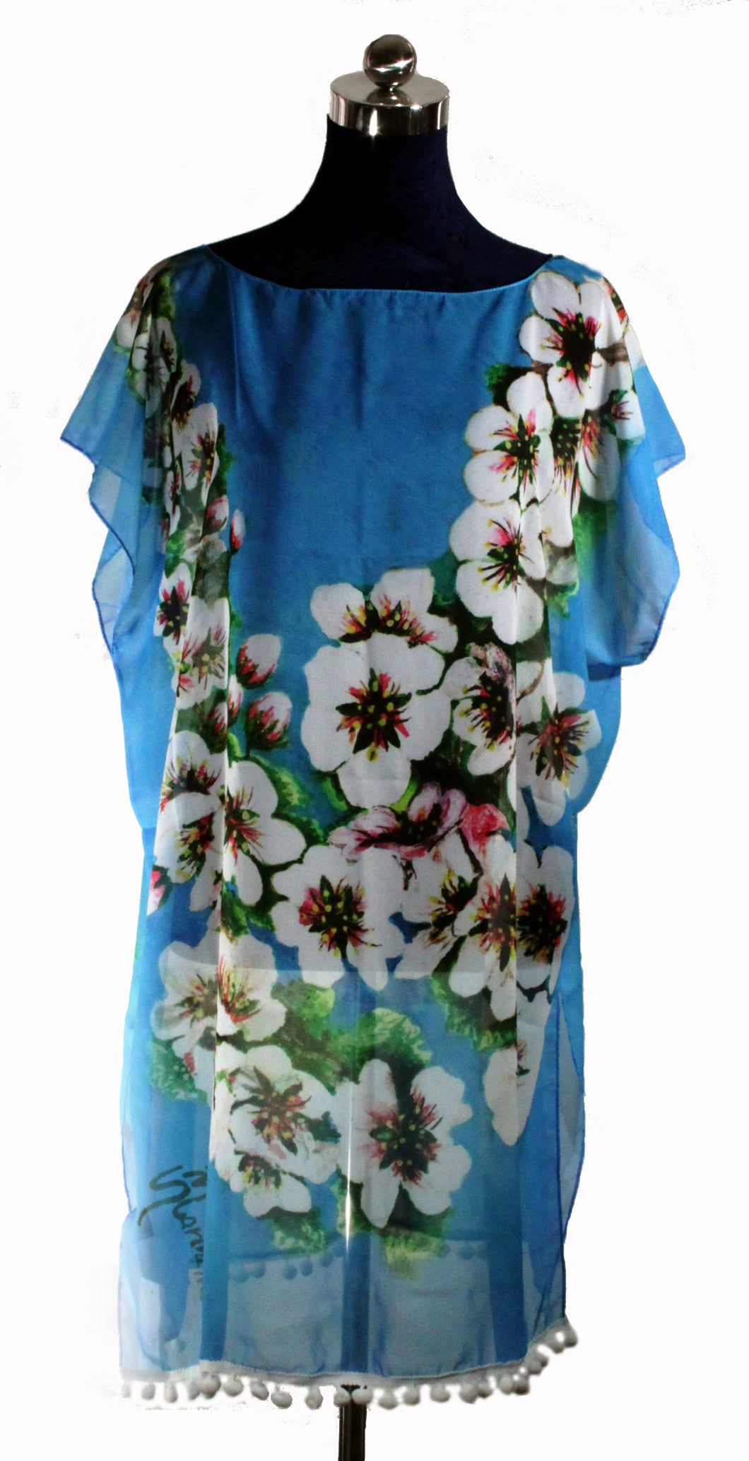 KAFTAN FOR WOMEN WITH ALMOND'S FLOWER IN SILK CHIFFON WITH ARTISTIC PRINTS THAT COME FROM PAINTINGS.