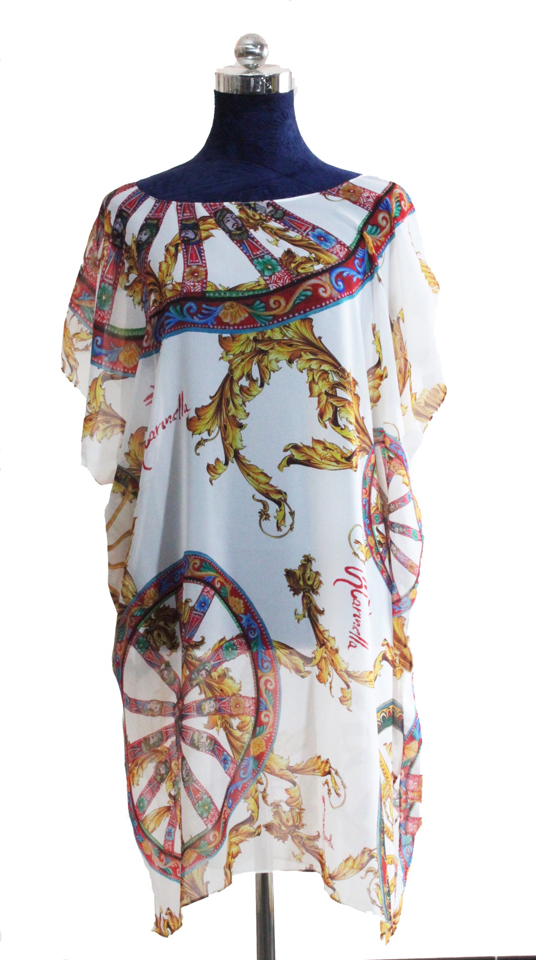 Women's kaftan wheel of the Sicilian cart in silk chiffon with artistic prints that come from paintings.