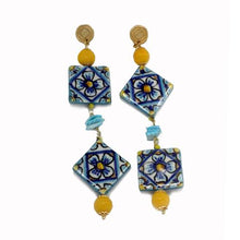 Load image into Gallery viewer, LONG CALTAGIRONE TILE EARRINGS WITH TURQUOISE

