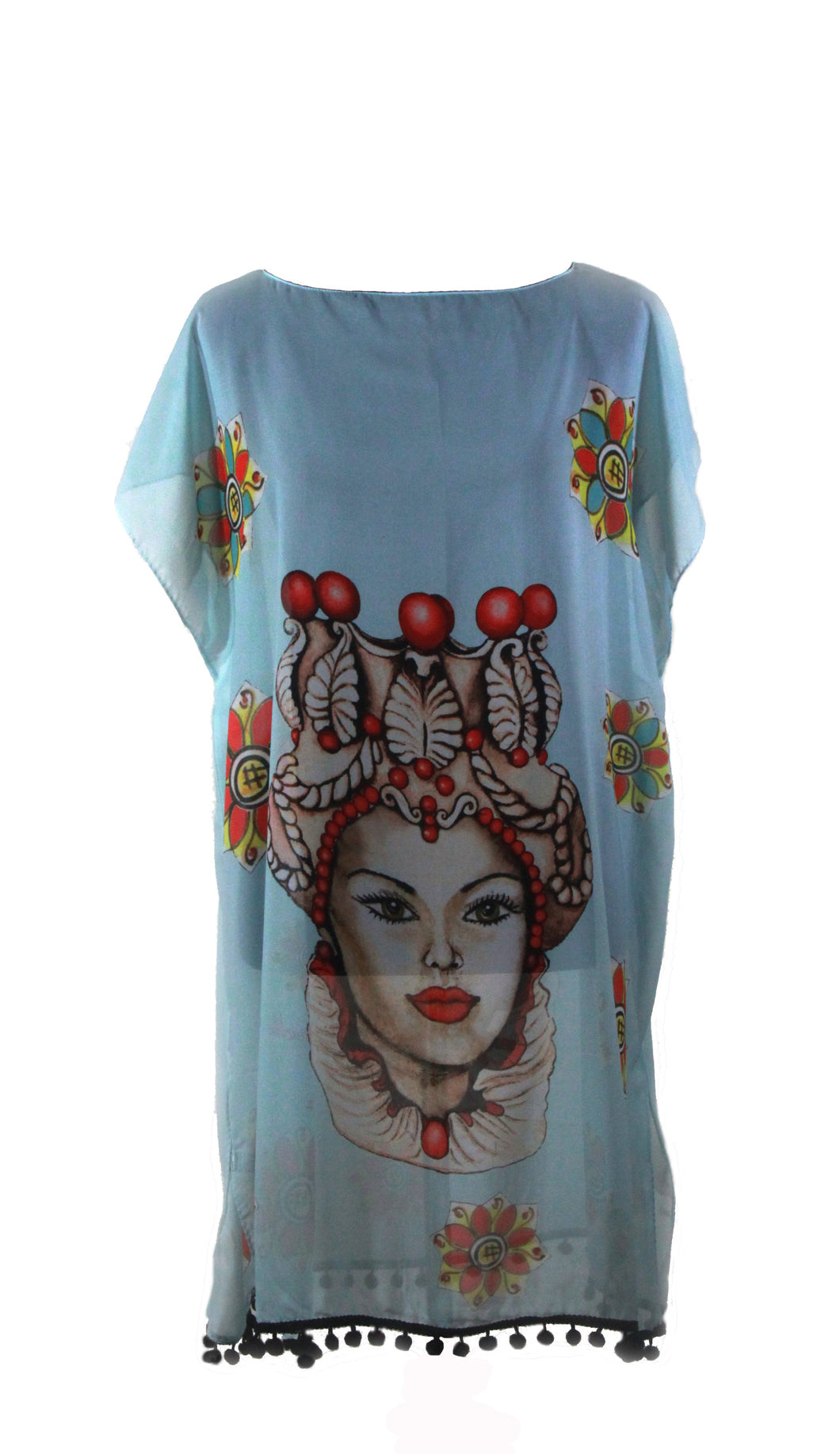 KAFTAN FOR WOMEN WITH KING & QUEEN(LIGHT BLUE) IN CHIFFON SILK WITH ARTISTIC PRINTS THAT COME FROM PAINTINGS.