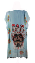 Load image into Gallery viewer, KAFTAN FOR WOMEN WITH KING &amp; QUEEN(LIGHT BLUE) IN CHIFFON SILK WITH ARTISTIC PRINTS THAT COME FROM PAINTINGS.

