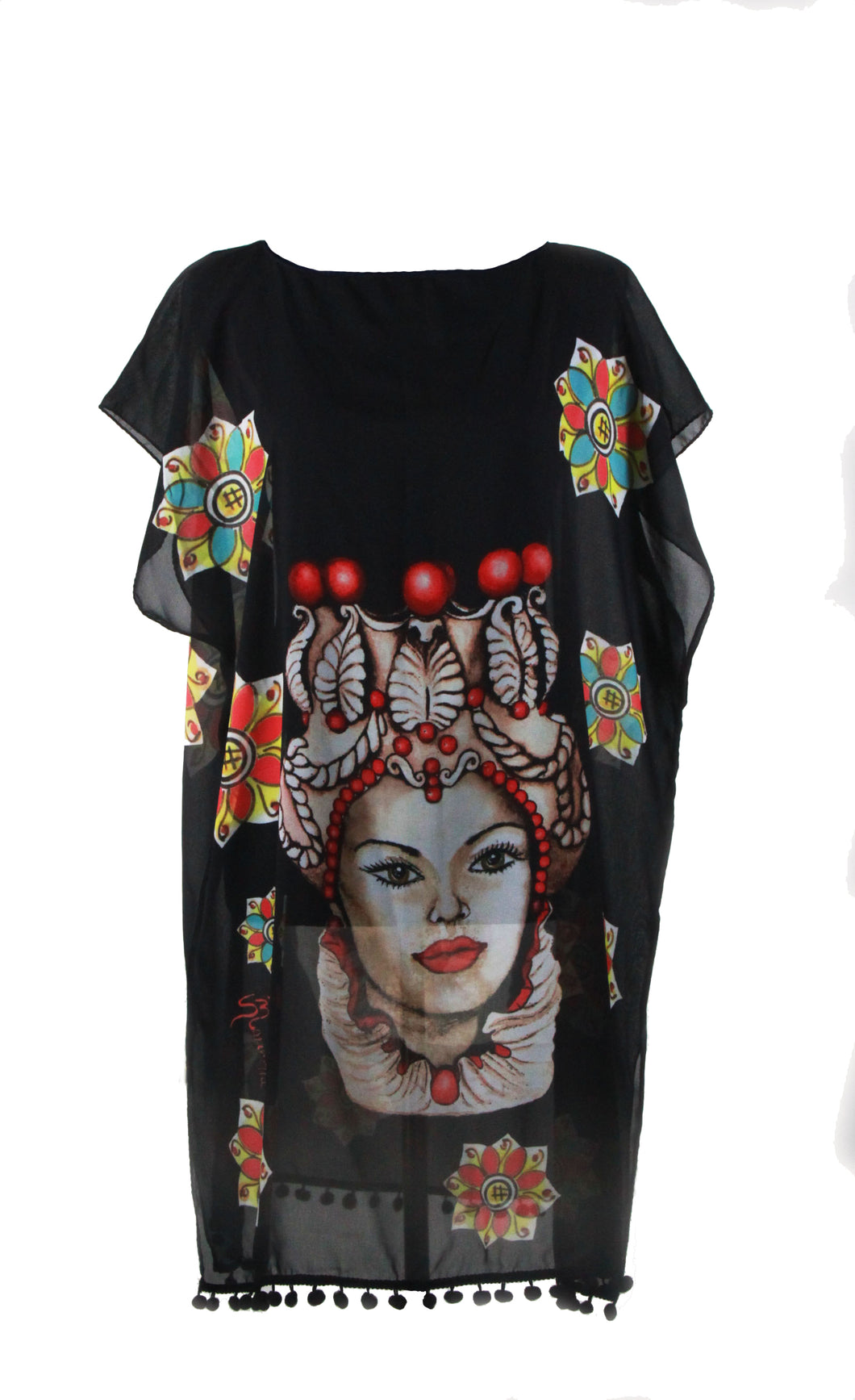 KAFTAN FOR WOMEN WITH KING & QUEEN( BLACK) IN CHIFFON SILK WITH ARTISTIC PRINTS THAT COME FROM PAINTINGS.