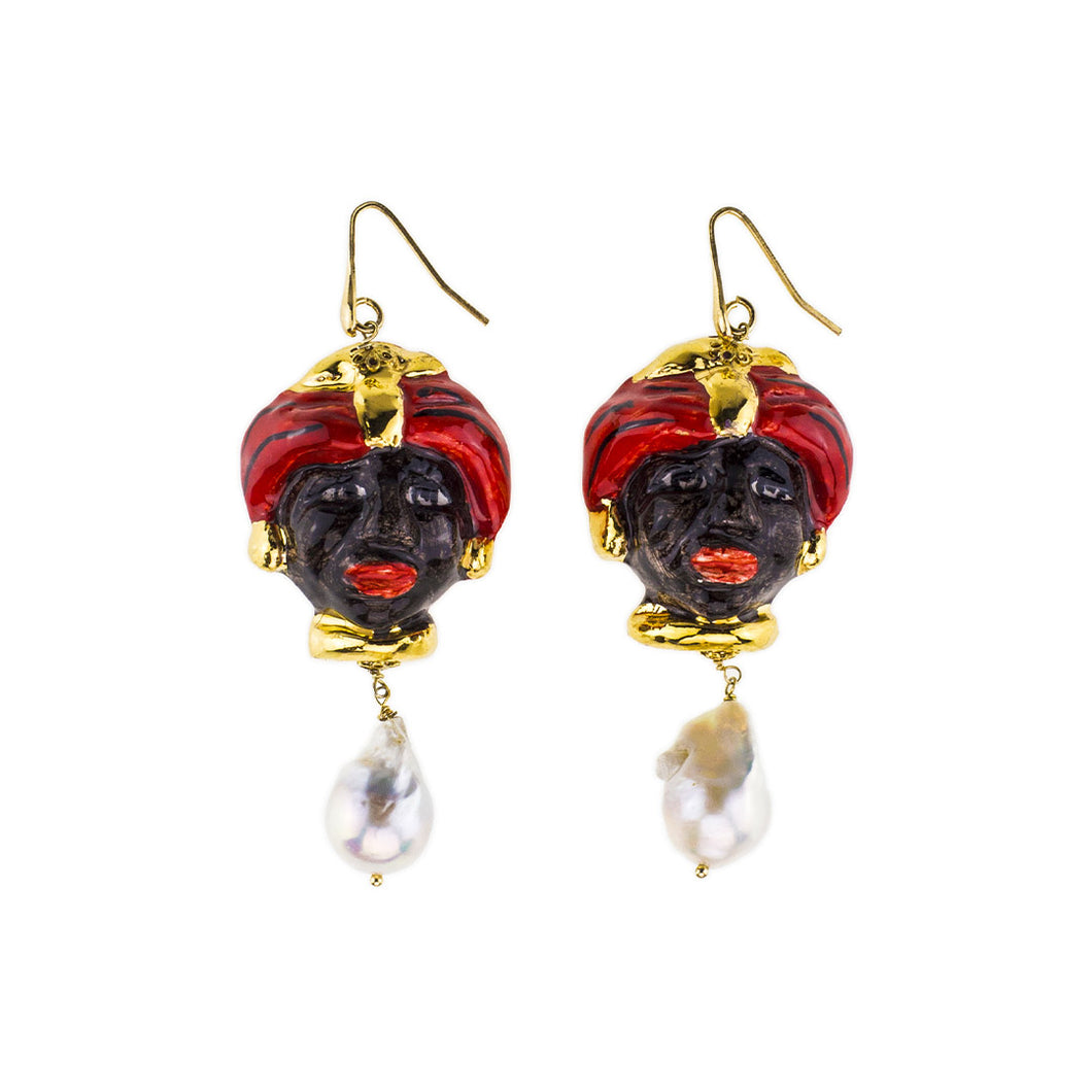 ARRINGS WITH MOORS(RED) AND IRREGULAR PEARLS