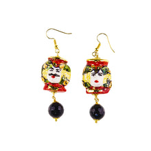 Load image into Gallery viewer, WOMAN EARRINGS WITH CALTAGIRONE HEAD. HAND PAINTED CERAMIC JEWELRY.
