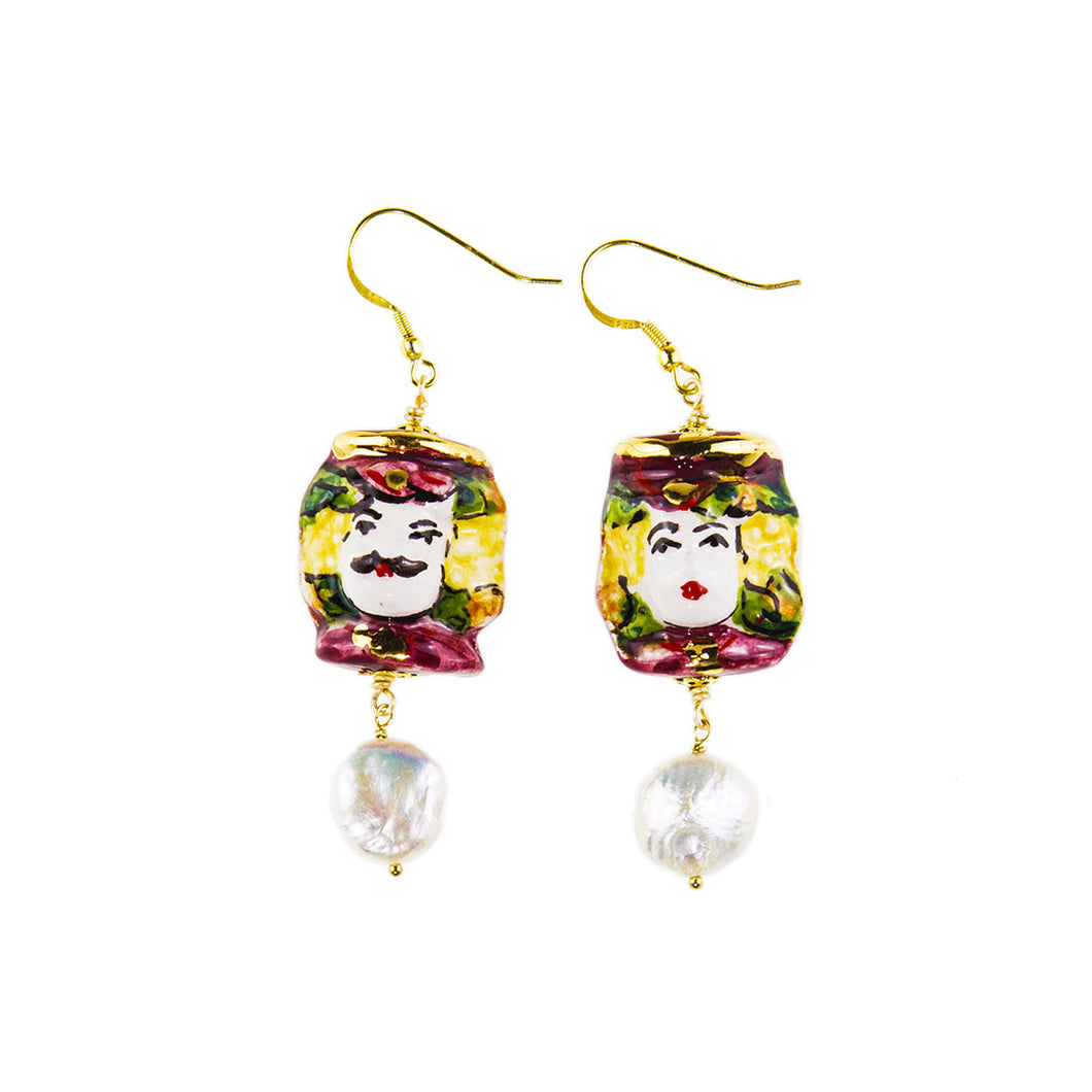 WOMAN EARRINGS WITH CALTAGIRONE HEAD. HAND PAINTED CERAMIC JEWELRY.