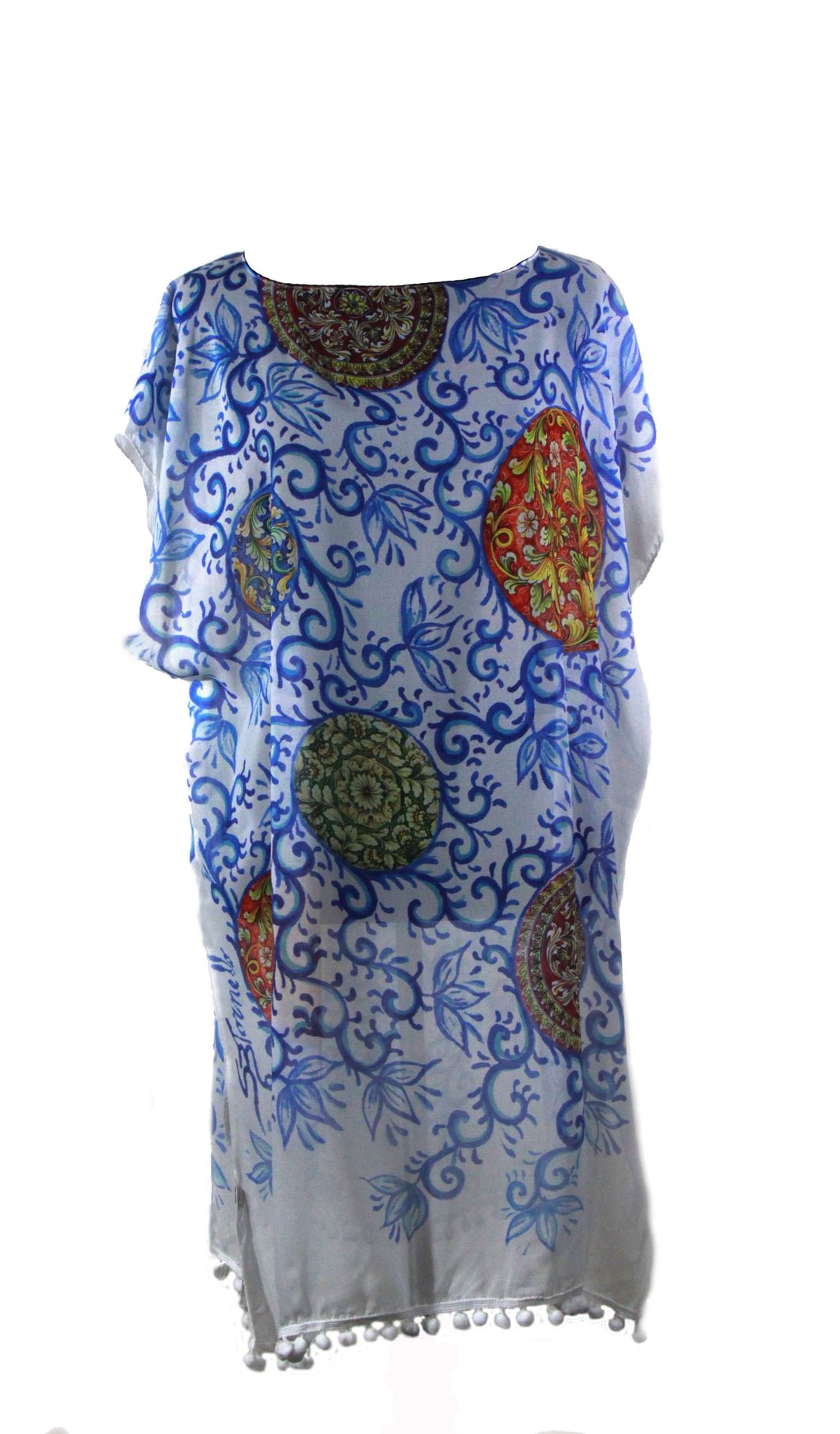 KAFTAN FOR WOMEN WITH CALTAGIRONE'S PLATES (LIGHT BLUE) IN CHIFFON SILK WITH ARTISTIC PRINTS THAT COME FROM PAINTINGS.