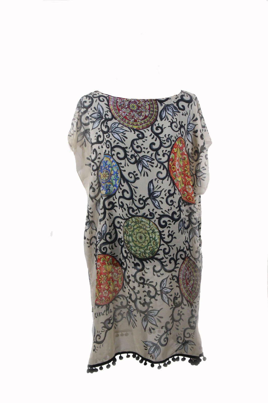 KAFTAN FOR WOMEN WITH CALTAGIRONE'S TILES (BEIGE) IN CHIFFON SILK WITH ARTISTIC PRINTS THAT COME FROM PAINTINGS.