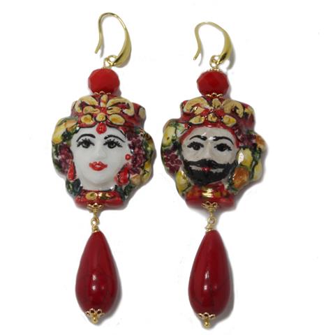 Earrings with Caltagirone heads (red)