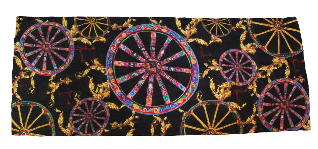 WOMEN'S SCARF WHEEL OF THE SICILIAN CART IN CHIFFON SILK WITH ARTISTIC PRINTS THAT COMES FROM PAINTINGS.(BLACK)